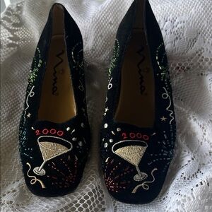 Nina Vintage 2000’s New Years Eve Black Embroidered Celebration Flats
